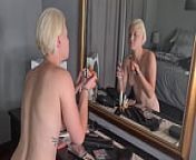 Well built blonde doing her daily morning makeup routine while being naked from naked mirror