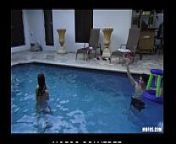 Two slutty skinny dipping girlfriends start orgy at a pool party from mofos live house party