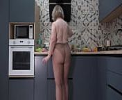 What do you want for breakfast: me or scrambled eggs? Curvy wife in nylon pantyhose in the kitchen. Busty milf with big ass behind the scenes. from egg fry on belly