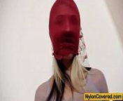 Beautiful blond-haired Kelly Candy nylon face mask from encssement nylon mask