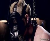 Blonde in gas mask set on wooden horse from gas mask ko