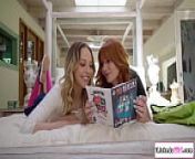 Blonde teen scissoring with redhead friend from lily larimar kiss her step mother