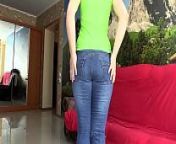 A girl with a beautiful butt tries on tight jeans and fingering in them, wet panties. from trying to put on jeans
