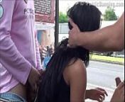A pretty girl with big natural tits in public street threesome with high traffic from traffic parpact girl