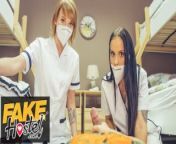 Fake Hostel Threesome with Redhead and Latina Nurses from student hostel nursing sex