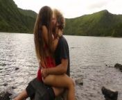Horny couple pleasuring each other and making love passionately at a volcanic crater lake from with son sex