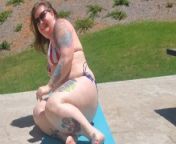 Nice day to sunbathe and to ride a thick cock from middle aged man cums rides gf flexible