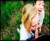 Two Girlfriends Suck Cock in the Woods - Threesome Outdoor Blowjob - Public POV from forest file